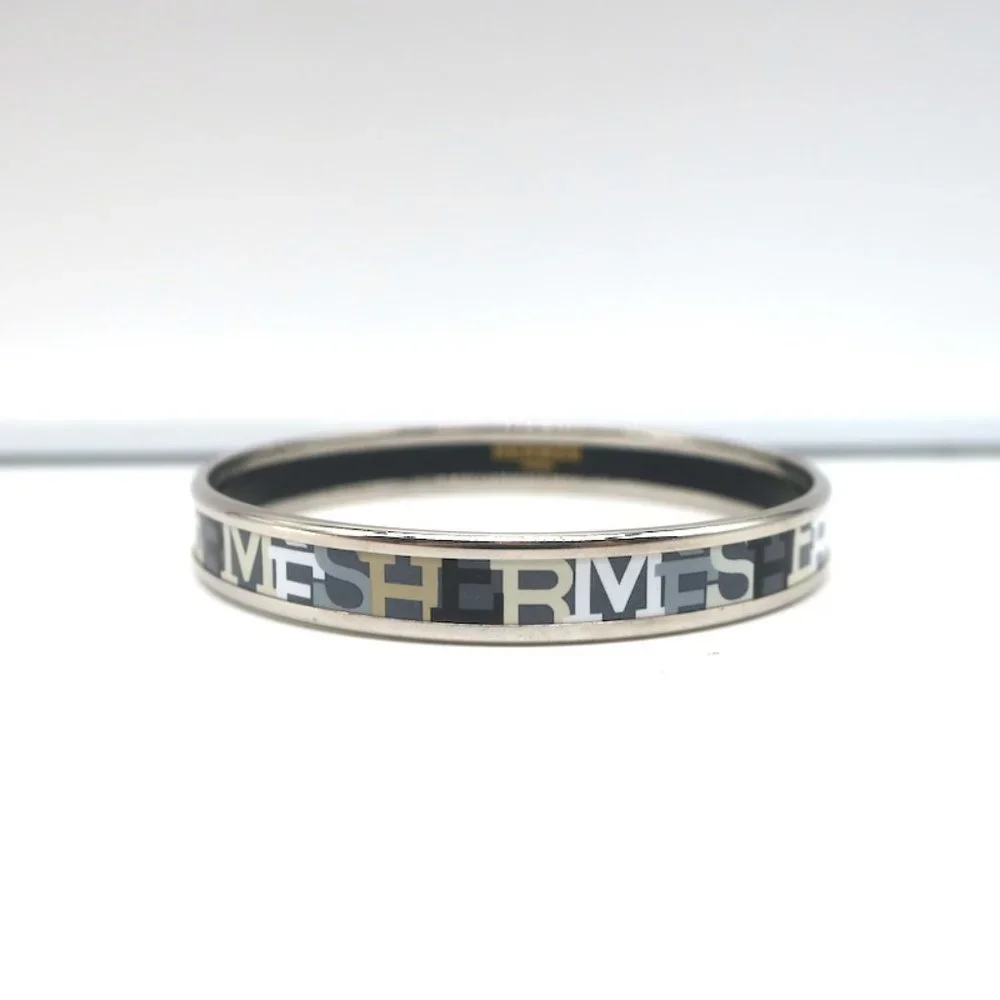 HERMES CAPITALES ENAMEL NARROW BANGLE BRACELET GRAY/SILVER SIZE MEDIUM - Picture 3 of 6